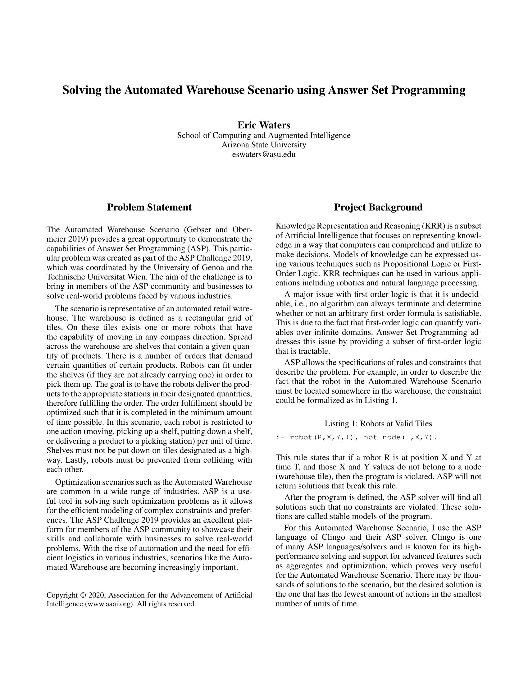 Solving the Automated Warehouse Scenario using Answer Set Programming