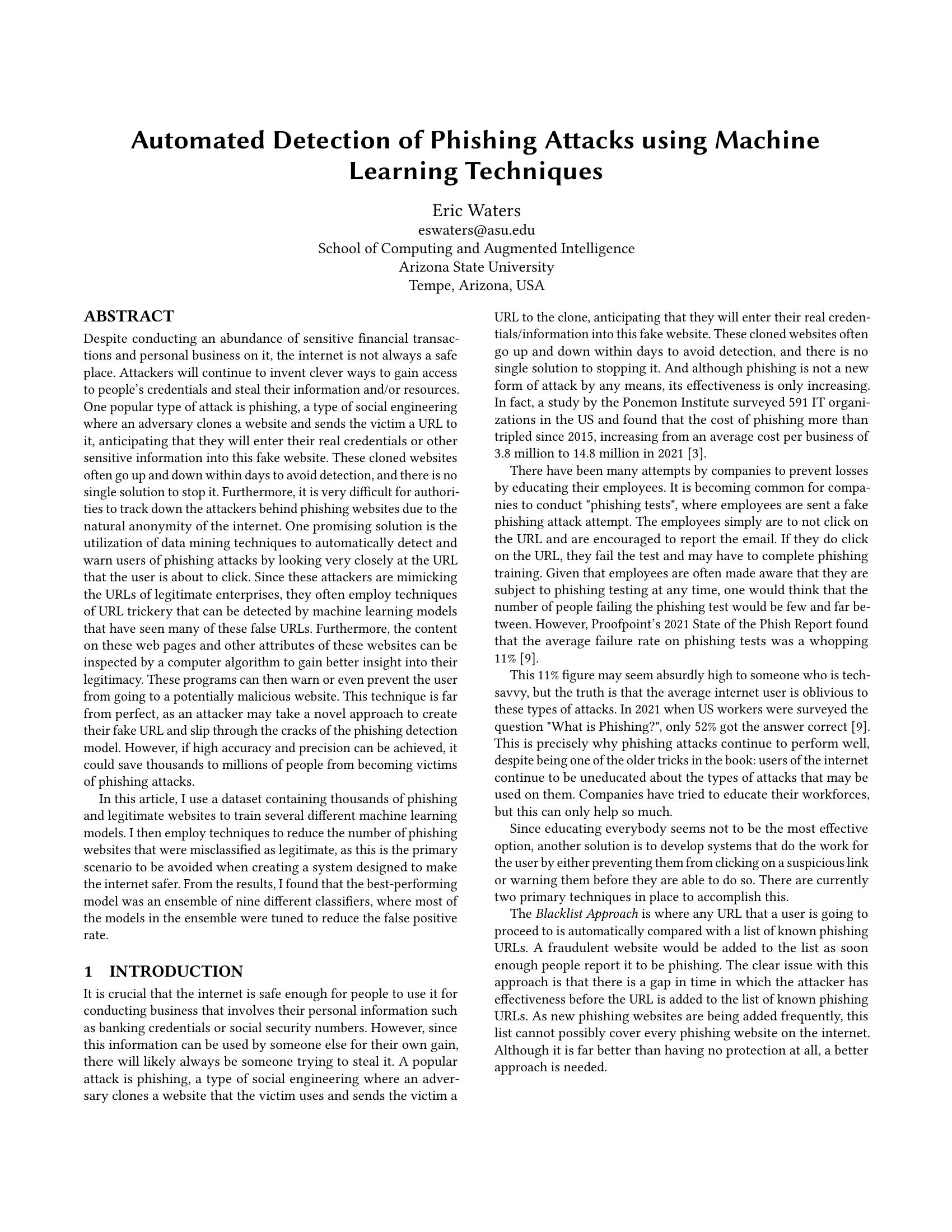Automated Detection of Phishing Attacks using Machine Learning Techniques